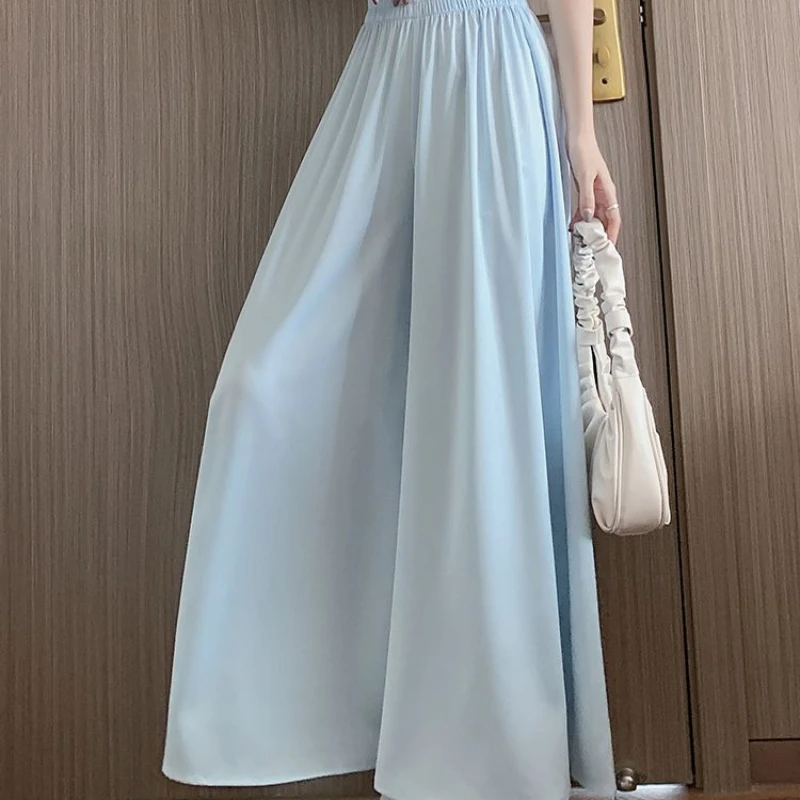 

Large Size Ice Silk Wide-leg Pants Female SuMMer Fat Mm Thin High Waist Drooping Lazy Wind Loose Casual Long Skirt Pants Female