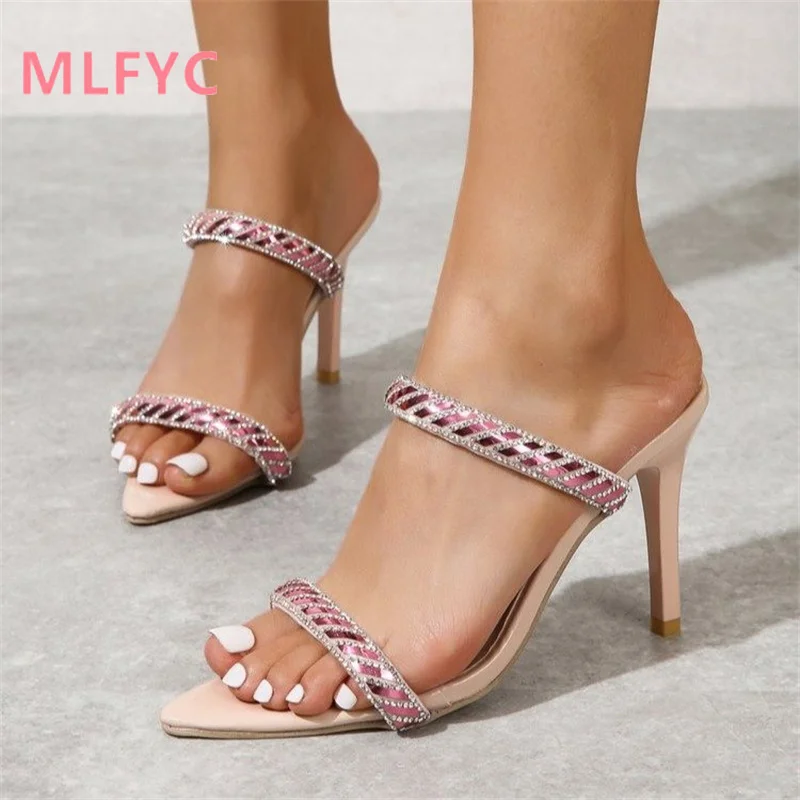 Sandalias de tacón fino para mujer, zapatos de tacón alto con diamantes de imitación, puntiagudos, sexys, simples, a la moda, novedad de verano