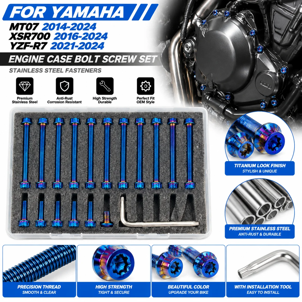 Motorcycle Engine Case Bolt Screw Set Blue Stainless Steel Fasteners for Yamaha MT07 2014-2024 XSR700 2016-2024 YZF-R7 2021-2024