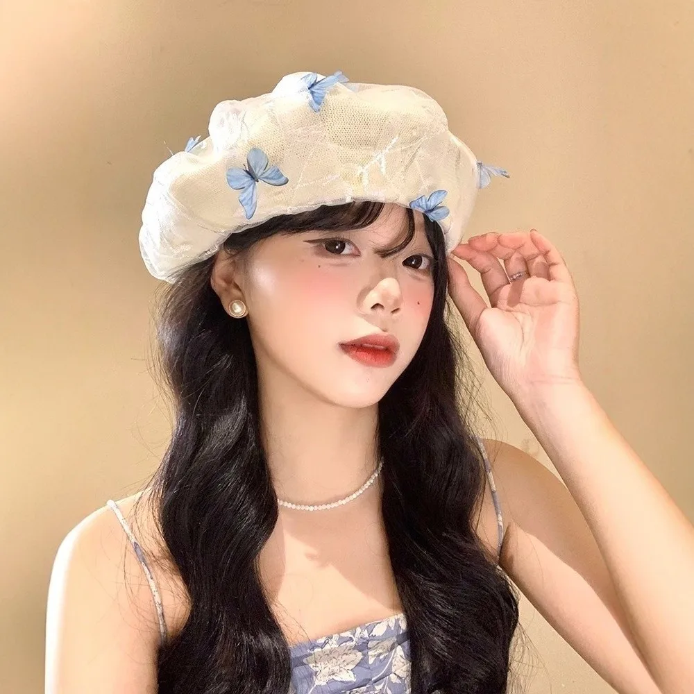 Fashionable Three-dimensional Butterfly Beret Mesh Embroidery Knitted Hat All-match Painter Hat Summer