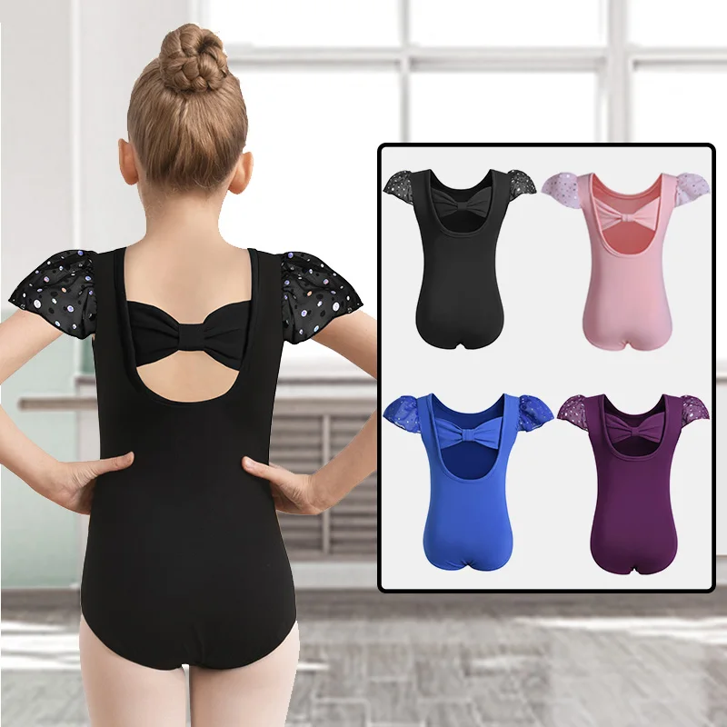 여자 어린이 기본 발레복, 반짝이는 러플 소매와 예쁜 뒷 리본이 있는 여자 체조 상의, 댄스 레오타드