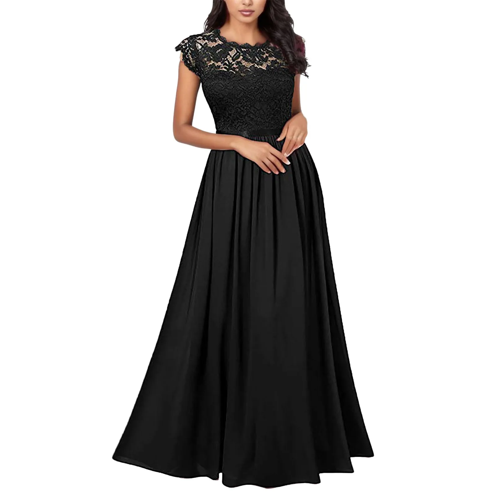 Women's Dresses Stitching Lace Hollow Summer Fashion Round Neck Elegant Temperament Hollow Women's Long Dresses Party Clothing