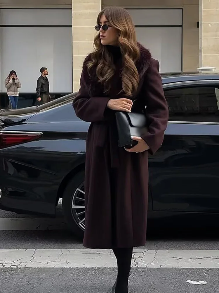 

HH Women New Fashion Coat Detachable Faux Fur Collar Long Sleeves Belt Decoration Loose Warm Long Coat Female Commuting Jacket