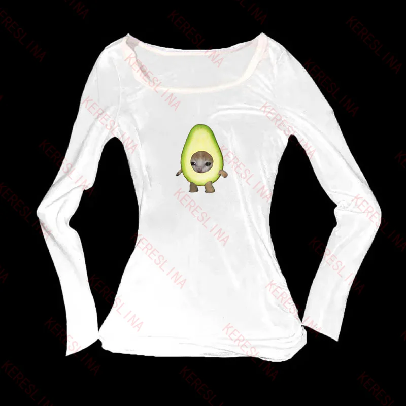 

Милая осенне-зимняя модная женская футболка с авокадо и котенком в стиле панк, забавная Y2K, повседневная модная уличная одежда, винтажные топы в стиле Харадзюку для девочек