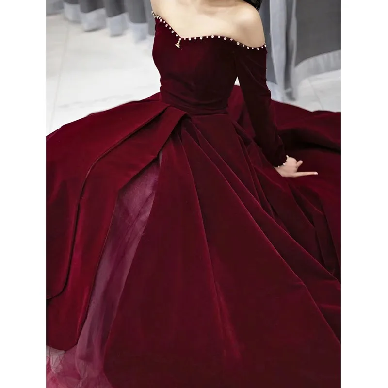 shoulder toasting new wine red back long sleeve dress