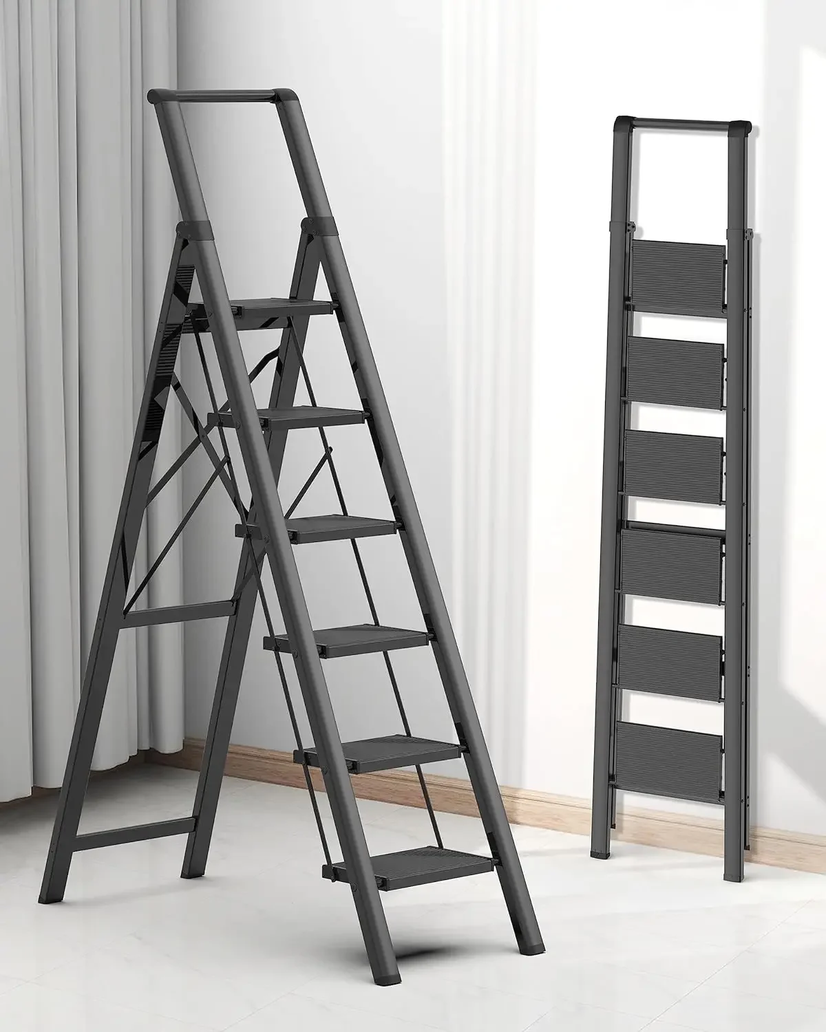 12 Feet High Ceiling, Folding Step Stool with Hand grip and Anti-Slip Wide Pedal