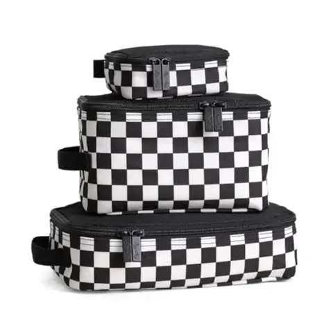 Itzy Ritzy Packing Cubes for Travel Set of 3 Travel Organizers with Mesh Top Double Zippers and Fabric Handle in Black White Ch