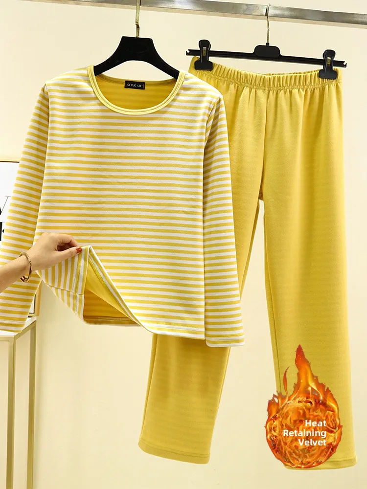 Women's Fleece Lined Loose Fit Home Clothes Set Warm Striped Sleepwear Two Piece Large Size Top Long Pants Comfortable Winter