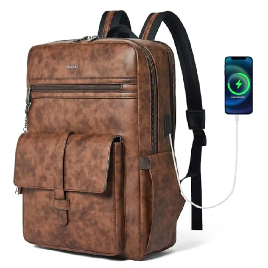

16 inch Vegan Leather Laptop Backpack with USB Charger, Smart Computer Backpack for Men and Women Business, Work, Office, Colle