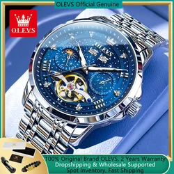 OLEVS Automatic Watches for Men Luxury Starry Sky Dial Skeleton Flywheel Chronograph Waterproof Moon Phase Mechanical Wristwatch