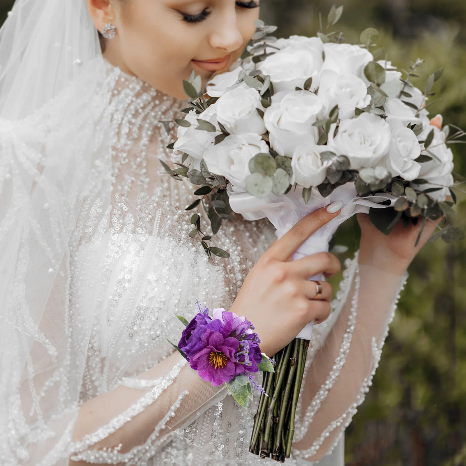 

Purple Rose Wrist Corsage Elegant Handmade Bridal Bridesmaid Wedding Decoration Artificial Flower Bracelet for Party Prom