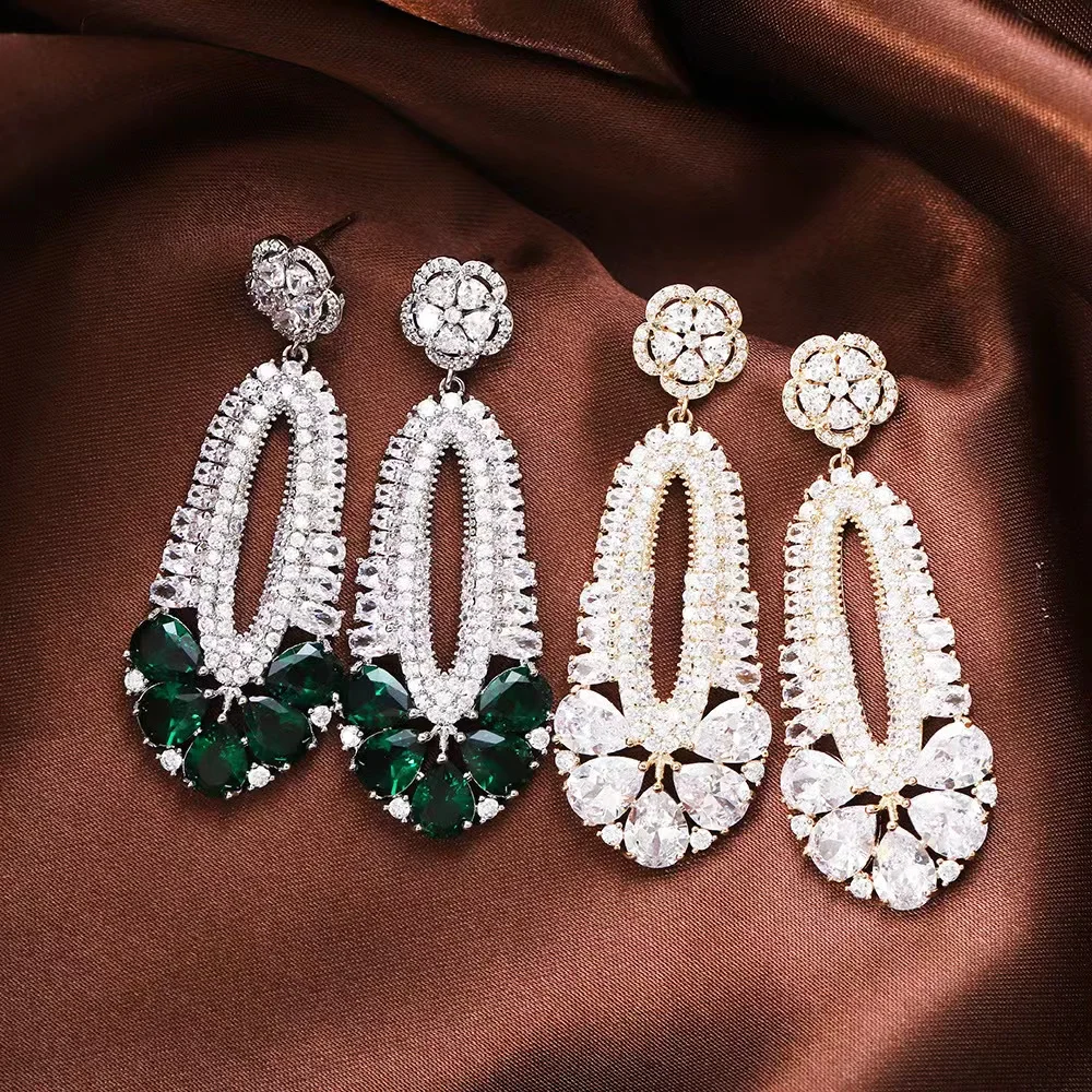 EYER New Fashion Green Stone Earrings New Design 2022 Plant Silver Color Cubic Zirconia Dangle Flower Earrings Casual Jewelry