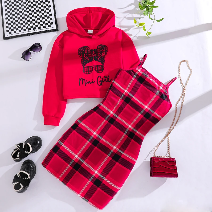 Spring and Autumn girls fashion set 2 red cartoon printed hoodie + red plaid halter dress