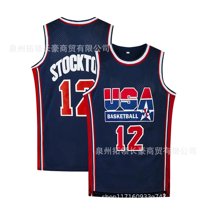 نسخة ريترو للرجال STOKTON # 7 # 9 # 12 # 15 كرة السلة جيرسي الولايات المتحدة الأمريكية التطريز سترة رياضية واسعة تناسب الملابس العلامة التجارية الصينية #2