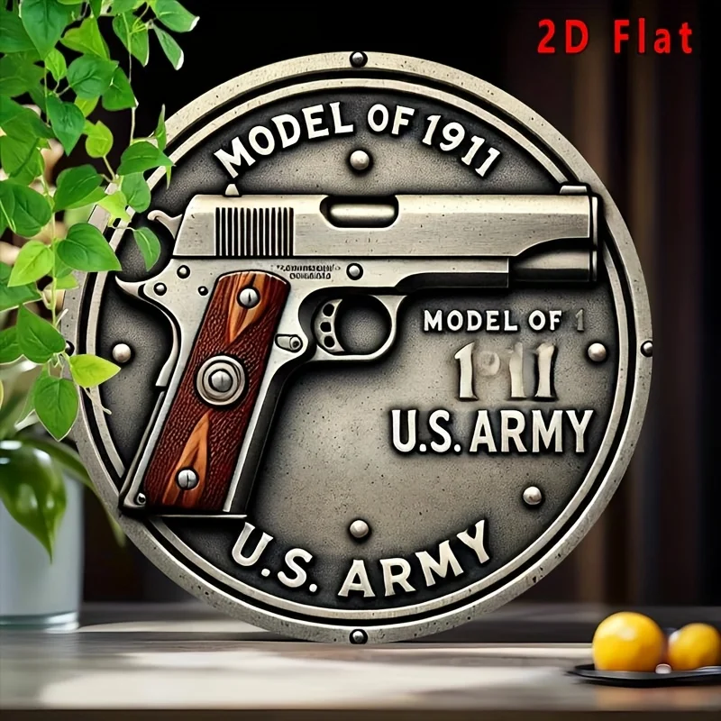 Vintage Colt Model 1911-A1.45 Caliber Tactical Pistol Aluminum Wall Sign - 8x8 Inch Round Metal Decor, Rustic Home & Office Acce