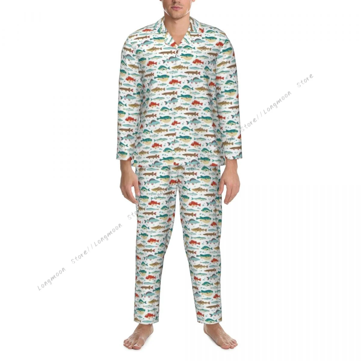 Men's Pajama Sets Colorful Ocean Fish Cartoon Pufferfish Blowfish Sleepwear Long Sleeve Leisure Outwear Autumn Winter Loungewear