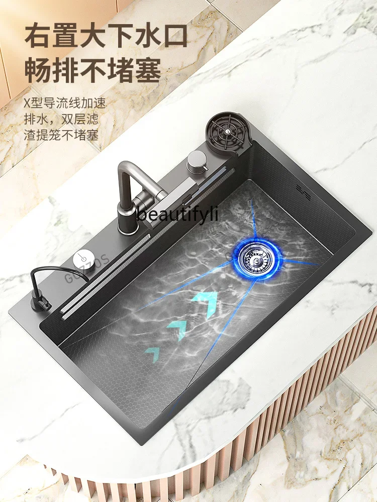 X188 Waterfall Large Single Sink Nano Stainless Steel Embossed Handmade Kitchen Household Drop-in Sink Thickened Sink