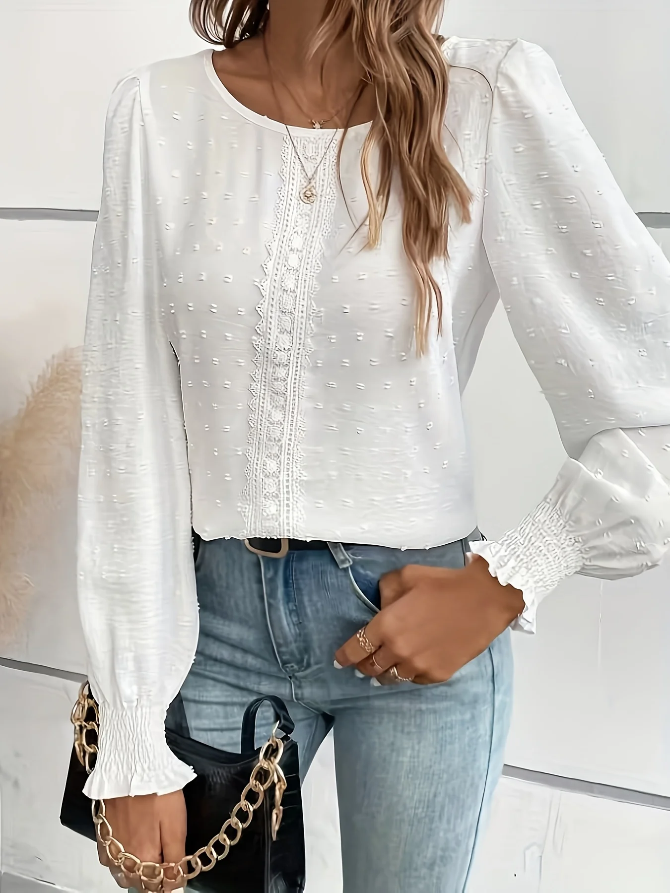 

plus Size Ladies Fashion Solid Color round Neck Shirt Lace Panel Design Long Sleeve Top