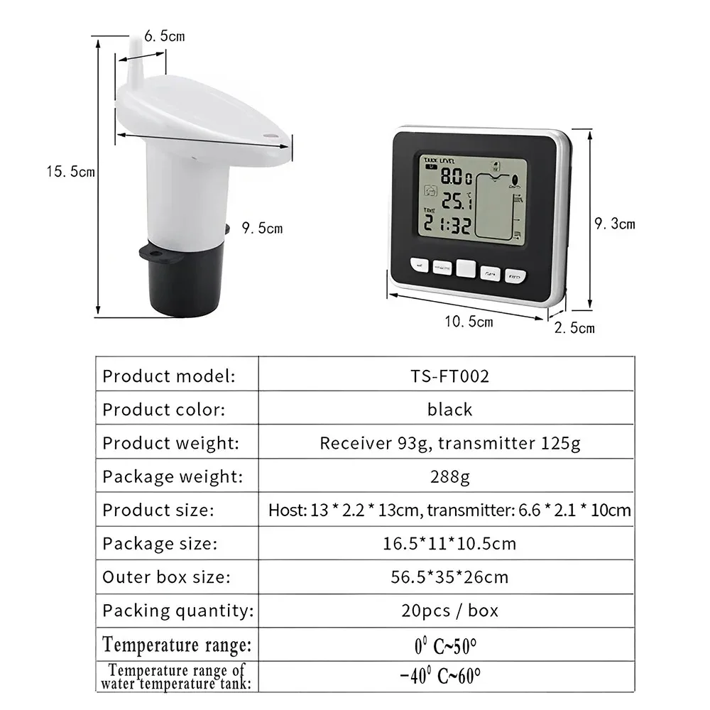 Medidor de nível líquido ultrassônico sem fio para tanque de água, com sensor de temperatura, exibição de tempo de nível de água, indicador de