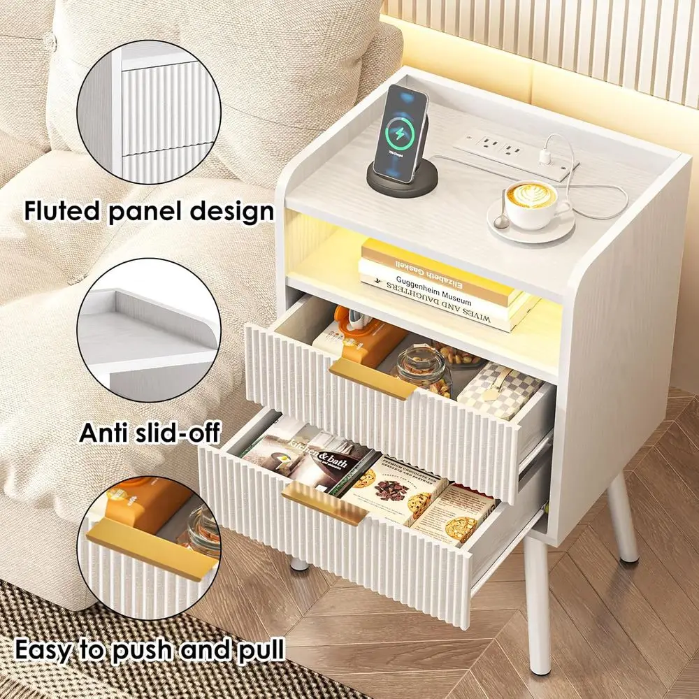 Table de chevet LED moderne avec station de recharge et 2 tiroirs pour chambre à coucher, 15,7 x 11,8 x 25,6 pouces