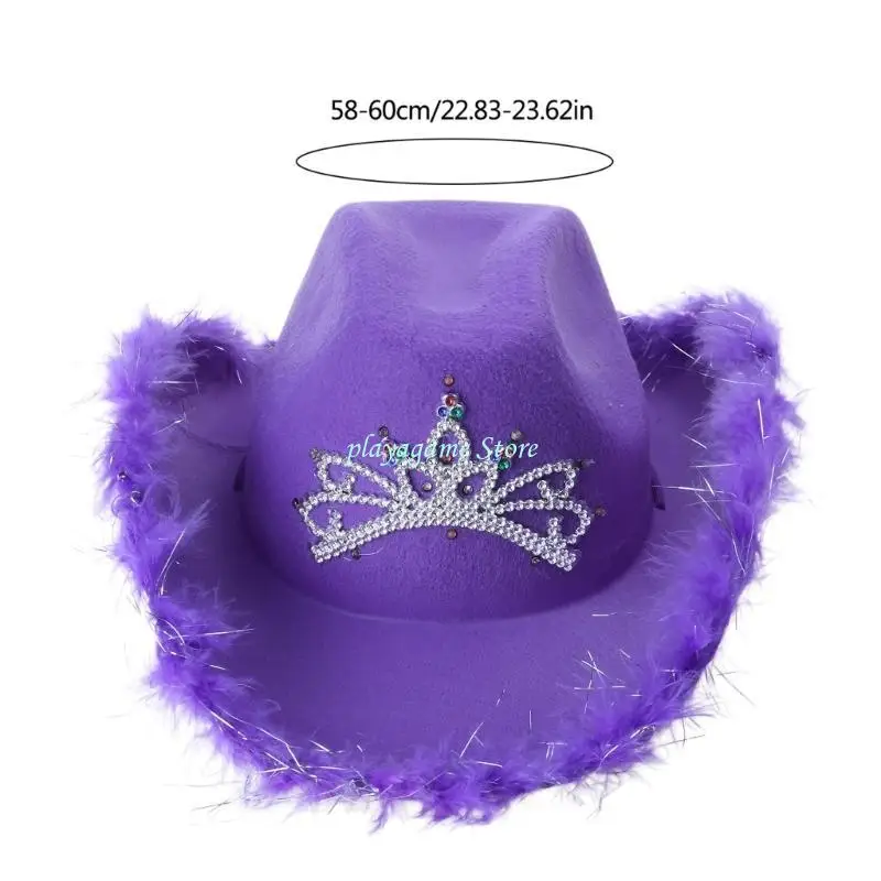 Y88A الراين تاج قبعات رعاة البقر امرأة الموسيقى المهرجانات قبعات رعاة البقر مع تقليم القطيفة