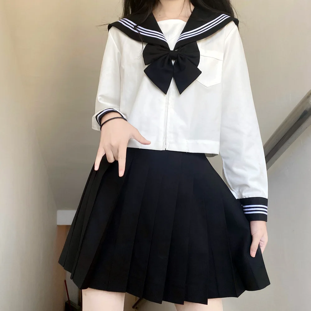 Japanese School Uniform Girls Plus Size Jk Suit Black Tie White Three Basic Sailor Uniform Women Long Sleeve Suit