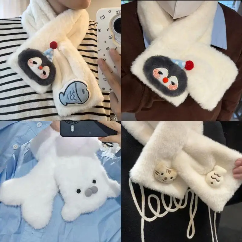 

Милый шарф с рыбками и пингвинами, студенческий мультяшный шарф с морскими львами, пушистый шарф для защиты шеи, кавайный зимний теплый плюшевый шарф для девочек