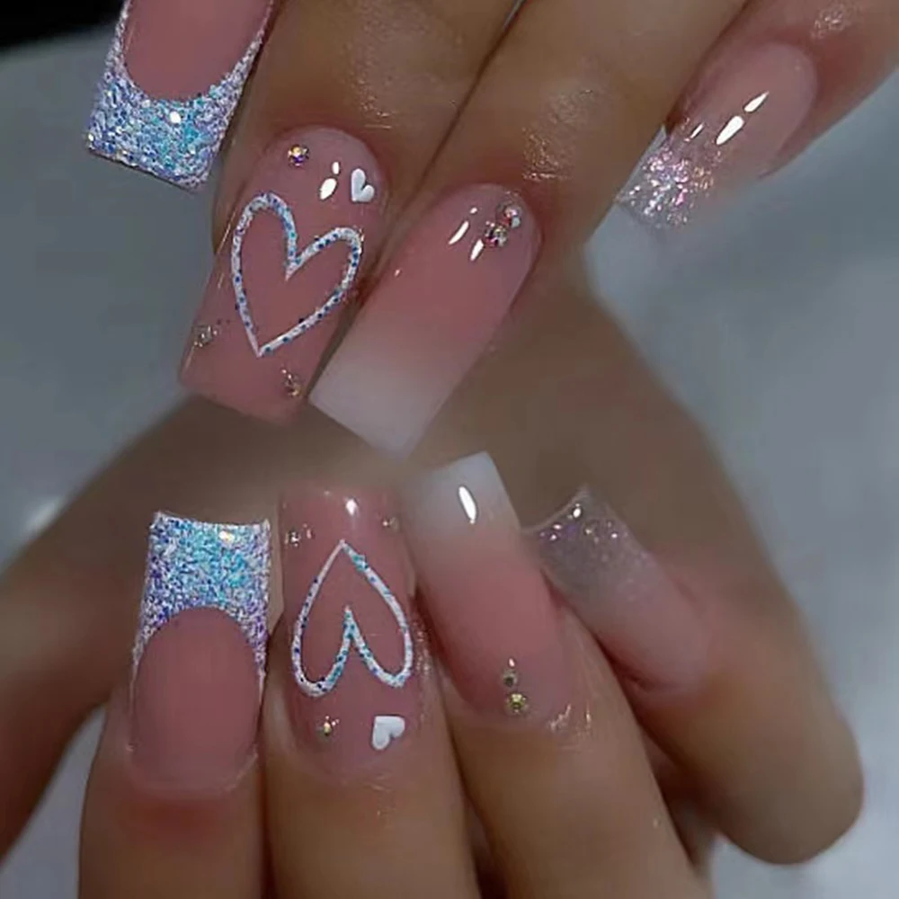 ARTAUG 24PCS Elevate Your Style Medium Square Press On Nails Pink Press On Nails Love Design Sweet Nails Glisten Press On Nails