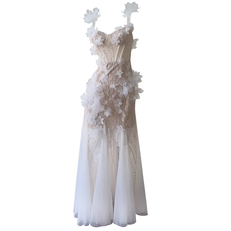 Elegant สีขาวยาวชุดแต่งงานสําหรับผู้หญิงพรหมชุดดอกไม้ชุดราตรี