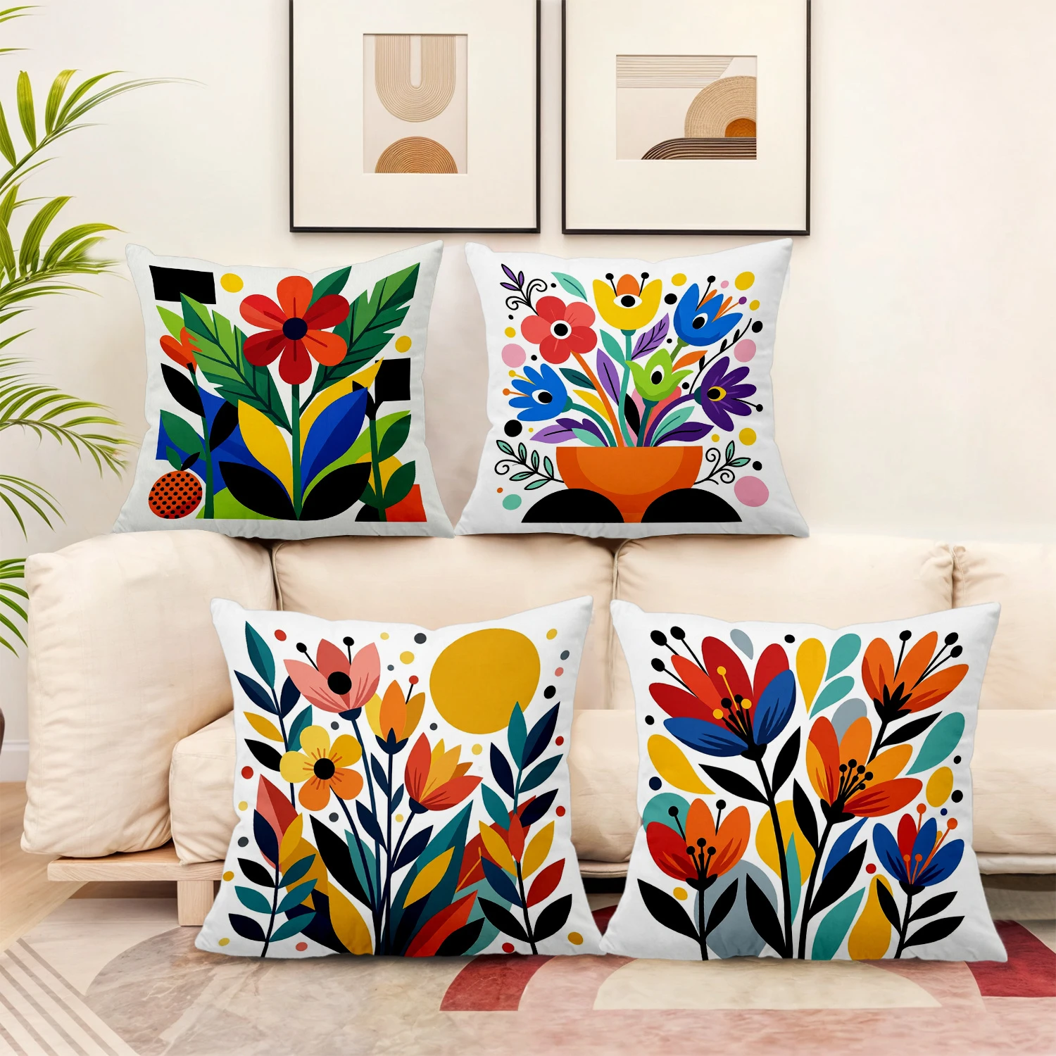 4pc Boho Floral Throw Pillow Covers Modern Abstract Botanical Cushion Cases for Living Room Bedroom Sofa Decor
