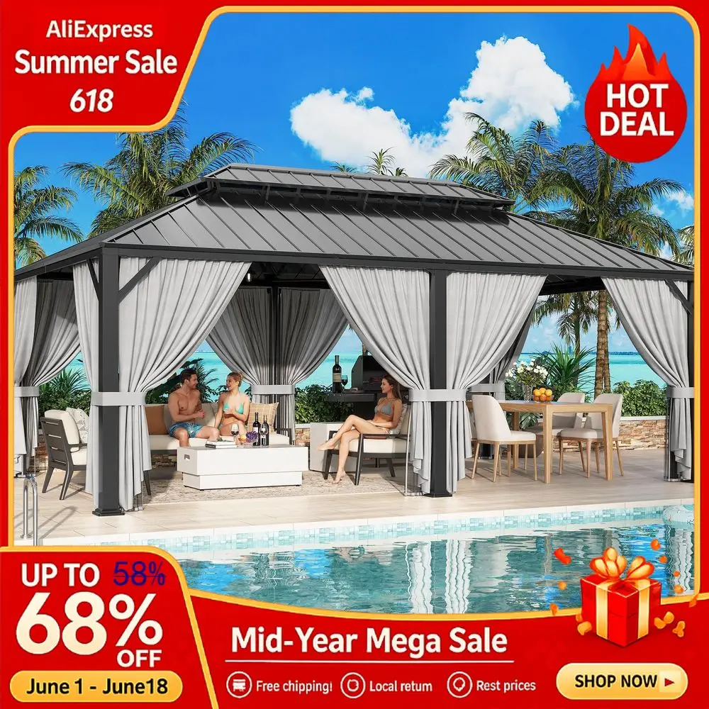 

20x12 Hardtop Gazebo, Update Aluminum Frame Gazebo with Galvanized Steel Double Roof, Outdoor Pergola with Curtain Custom