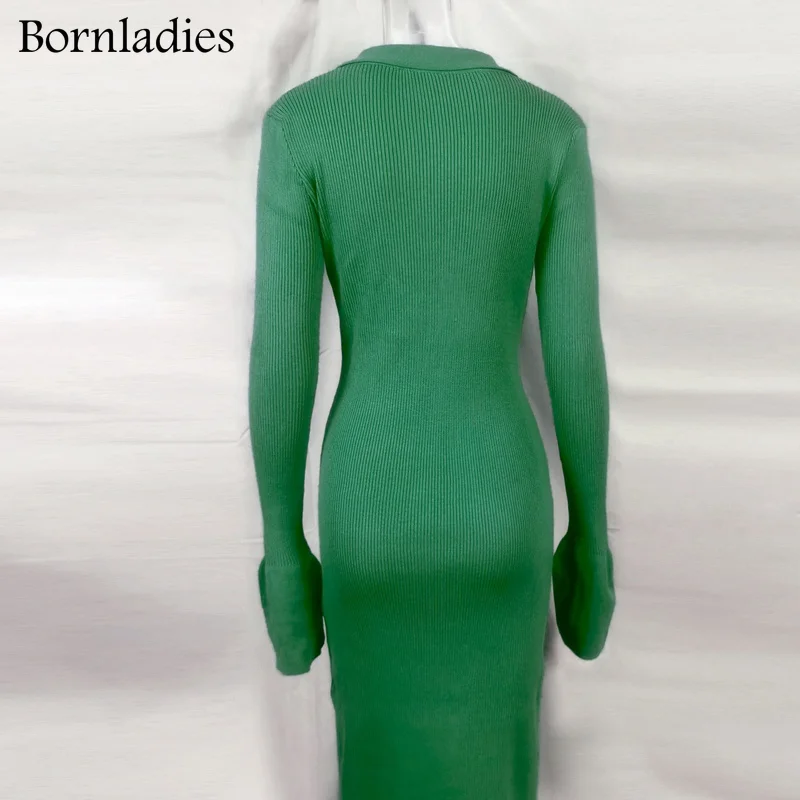 Bornladies Donna 2021 Autunno Nuovo Stile delle Donne a maniche lunghe con scollo a V Bottone lungo Manica svasata Donna Abito maglione verde