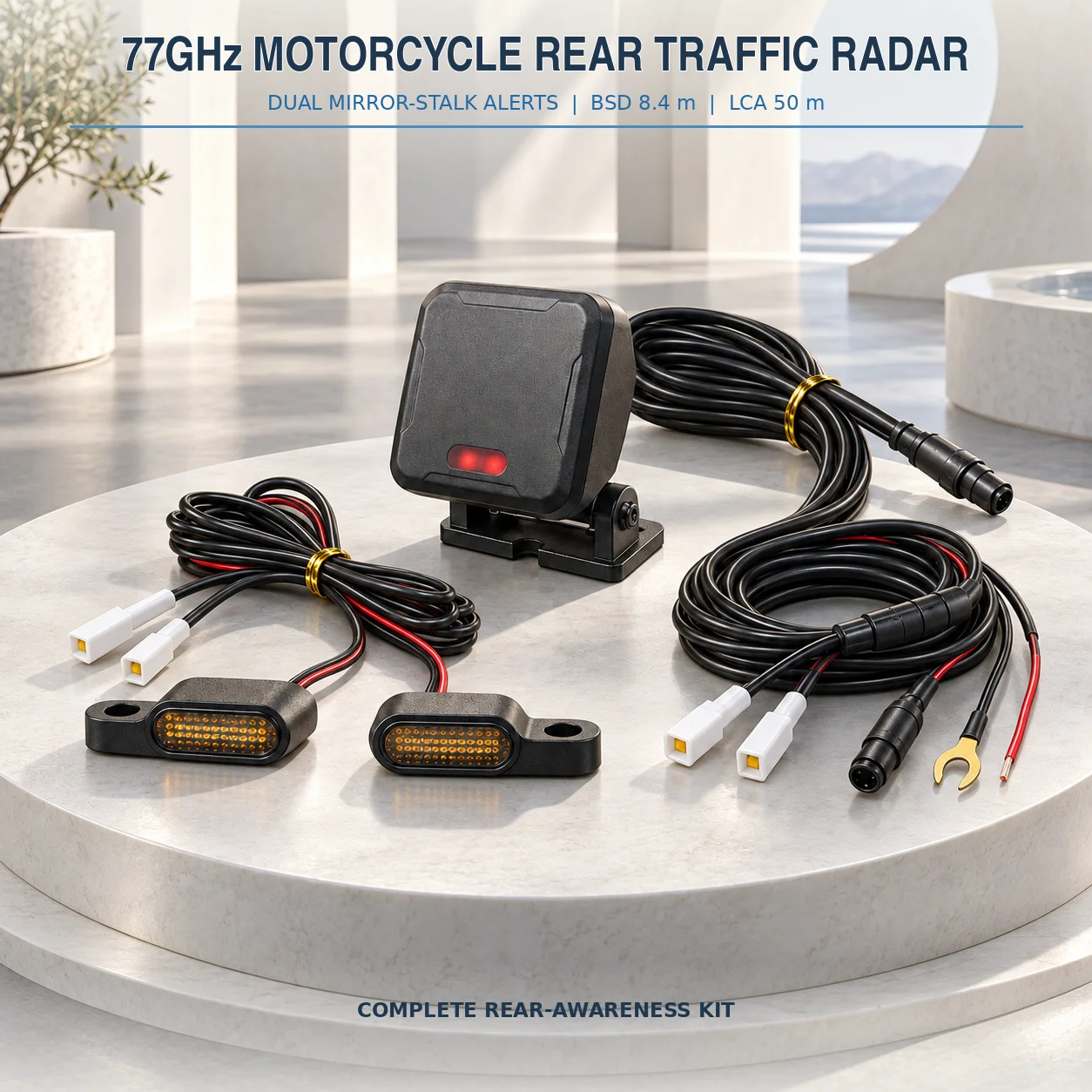 77GHz Motorcycle Rear Traffic Radar Kit with Dual Mirror-Stalk Alerts, BSD 8.4m, LCA 50m and IP67