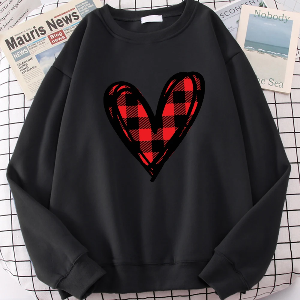 Red Chess Grid Heart Personality Design Women Sweatshirt Fashion Warm Pullovers Casual Loose Streetwear Fleece Female Clothing