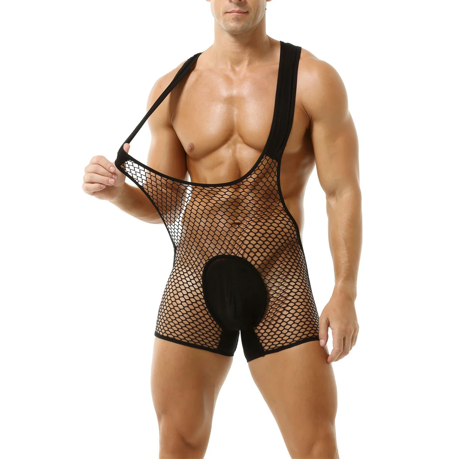 

Men Adults See Through Fishnet Bodysuit Showing Chest Bulge Pouch Breathable Jumpsuit for Wrestling Workout Bodybuilding Gym