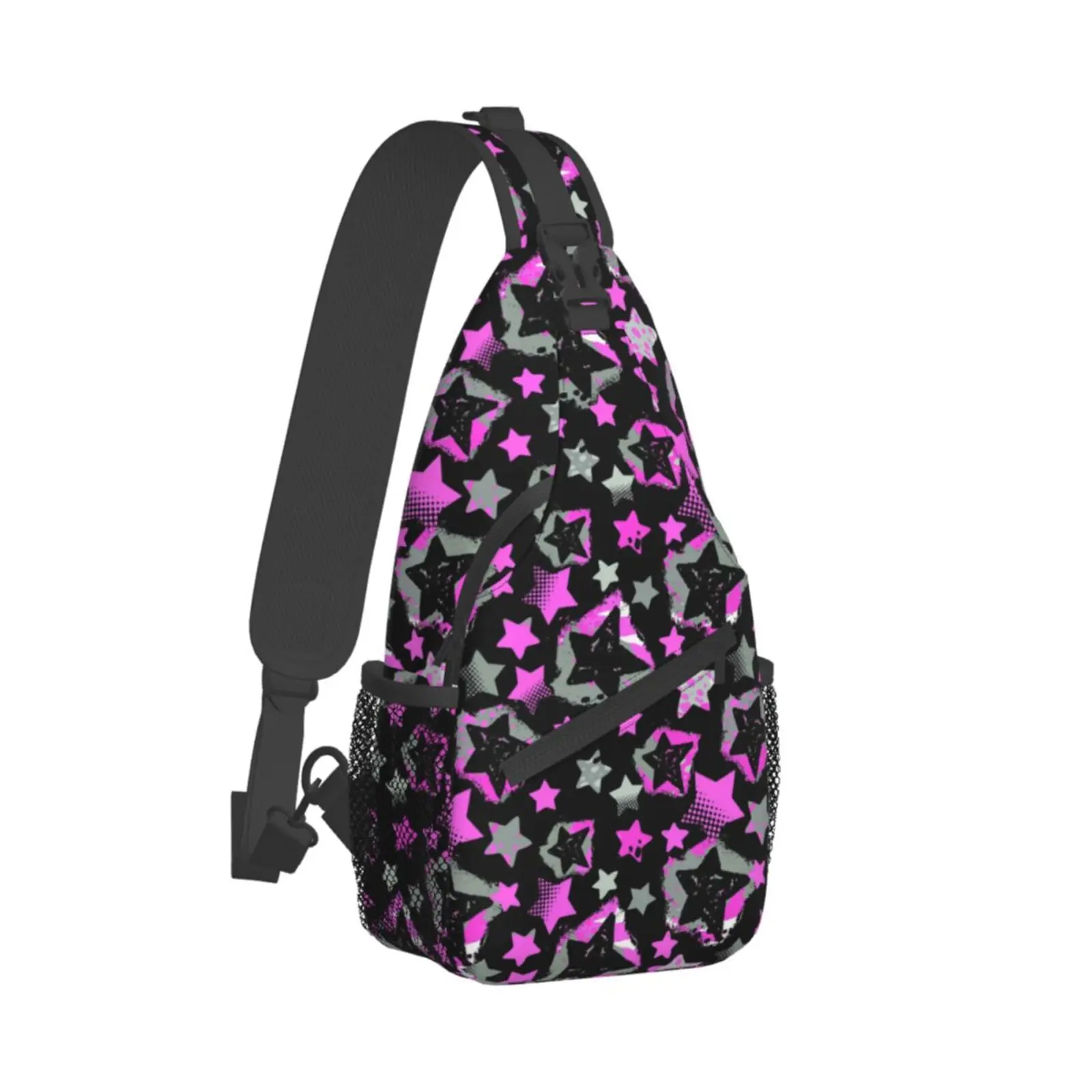 Bolsa Crossbody Sling para Mulheres e Homens, Bolsas de Ombro, Mochila Casual, Viagem, Caminhada, Exterior, Rosa, Preto, Estampa Estrela