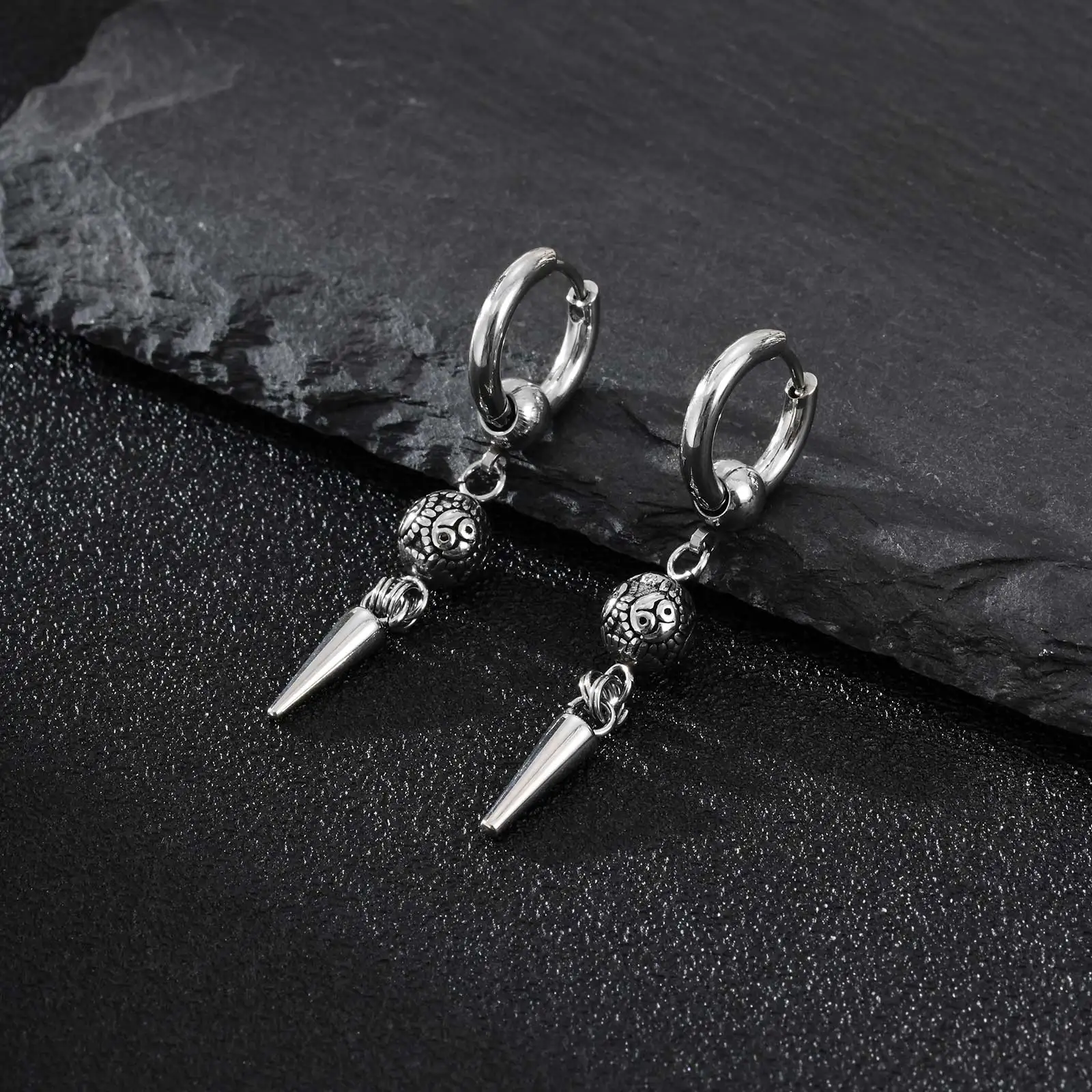 Vintage Mode Punk Gothic Kegel Anhänger Ohrringe für Männer, Edelstahl Silber Farbe Tropfen Ohrringe, Retro Hip-Hop Schmuck
