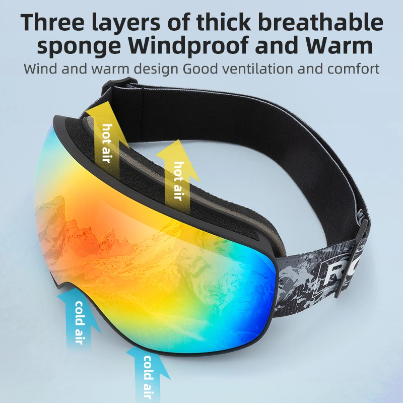 ROCKBROS Ski Goggles Adult Child Skiing Snowboarding Goggles Eyewear Glasses Anti-fog Ski Windproof Adjustable Snow Glasses