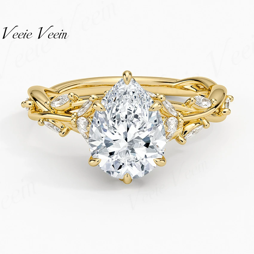 Veeie Veein Jewelry 2 Carat Pear Cut Moissanite Ring With Authentic Certificate S925 Sterling Silver Solitaire Ring For Women