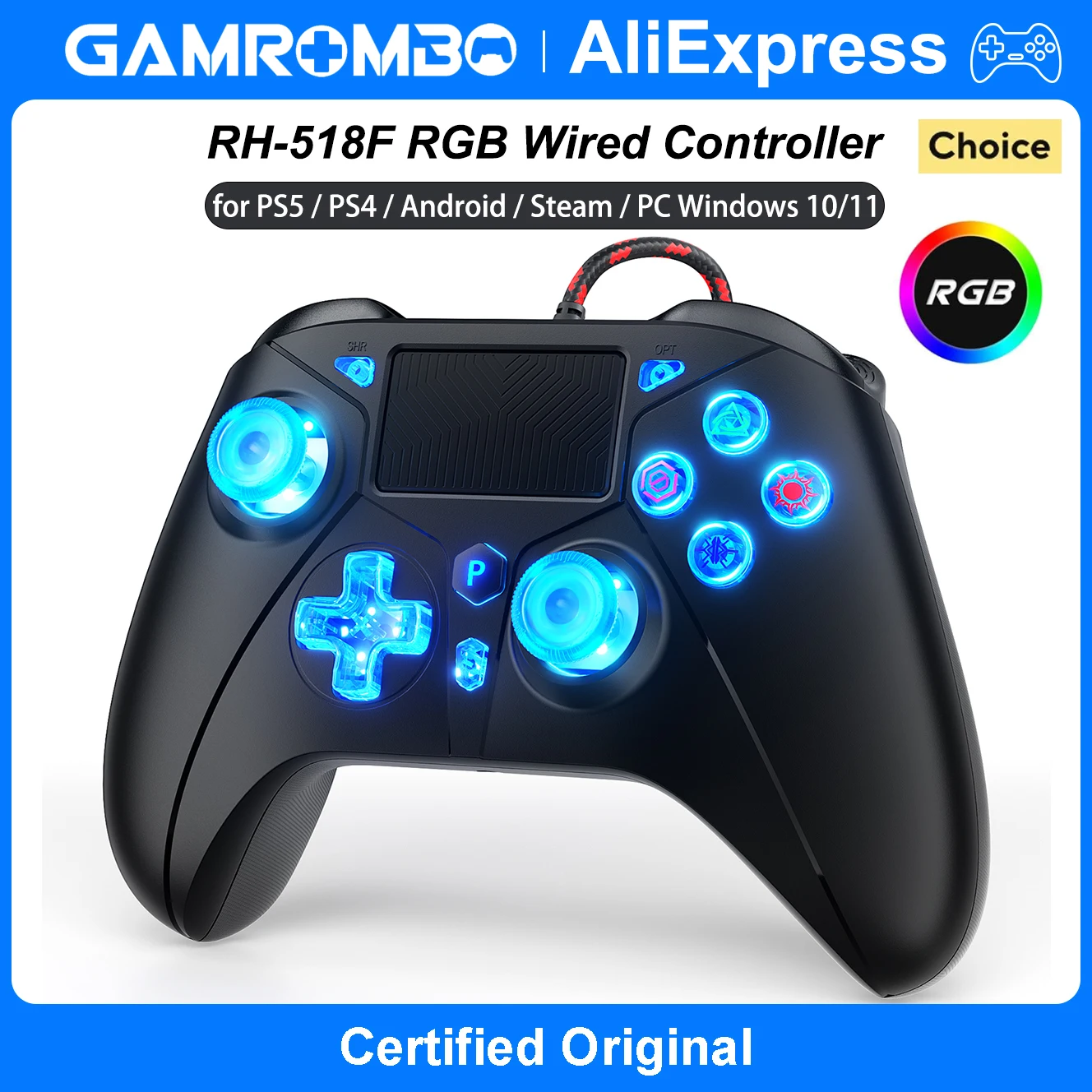 

Проводной контроллер RGB для PS5 Pro/Slim, PS4 и ПК с LED-подсветкой, двойной вибрацией, тачпадом, аудиовходом 3,5 мм, функциями Turbo и Macro