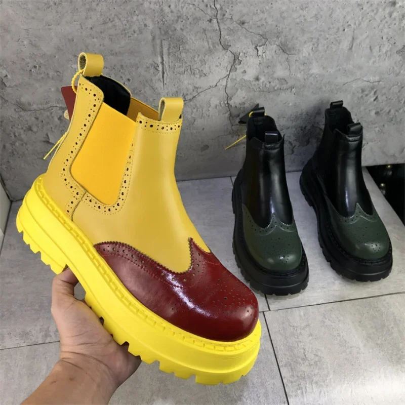 Nowe modne męskie buty Patchwork modne skórzane botki na co dzień Street Youth Chelsea Boots grube dno buty motocyklowe