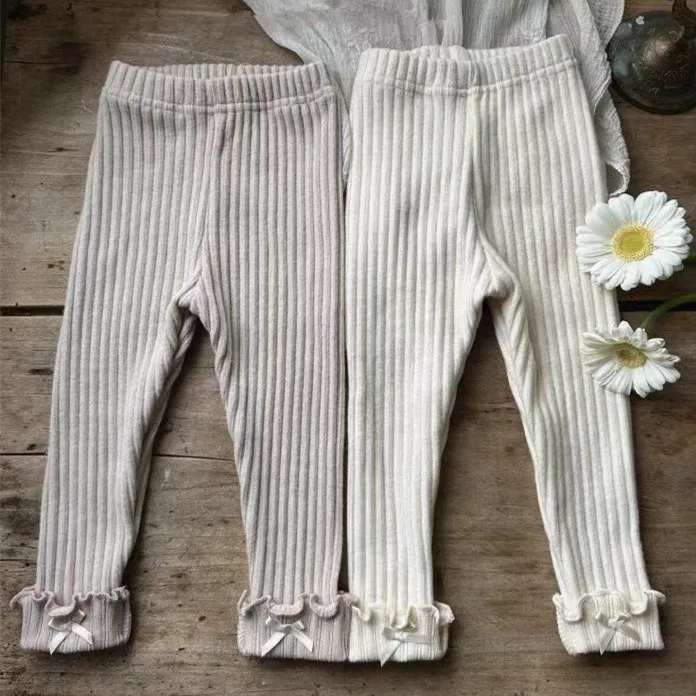 Girls Cute Pants Spring and Autumn Baby Bow Pit Striped Lace Leggings Girls Baby Outer Wear Skinny Long Pants