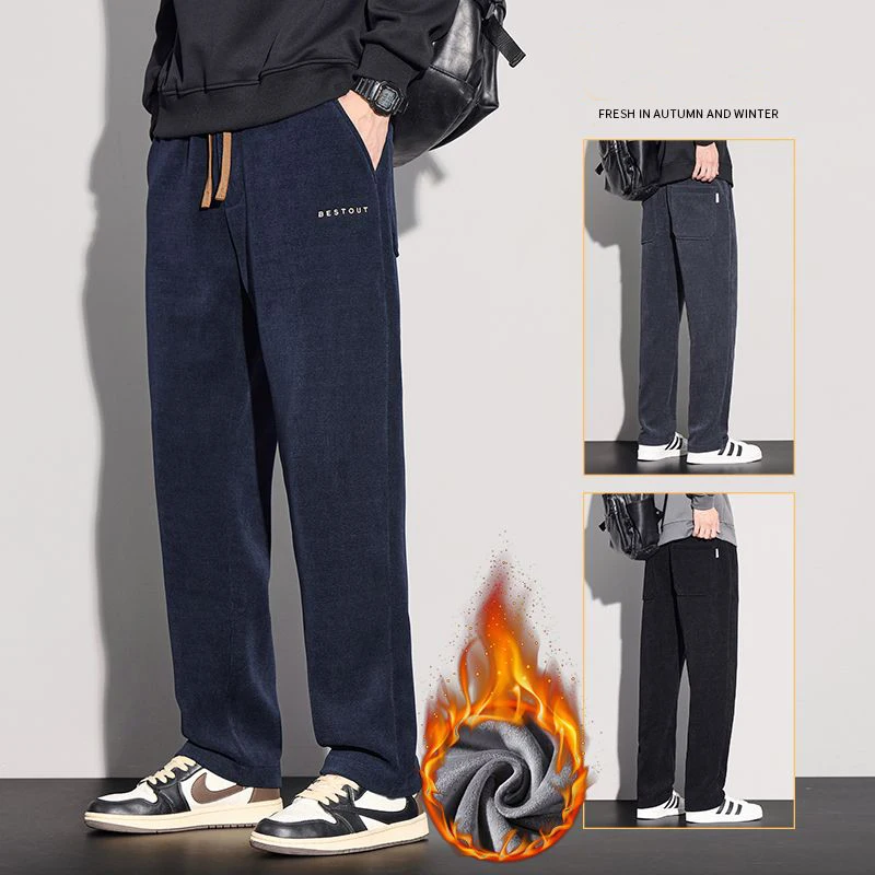 

Thick Velvet Casual Pants Men Winter Fleece Elastic Waist Straight Trousers Embroidered Fashion Loose Male Plush Pants