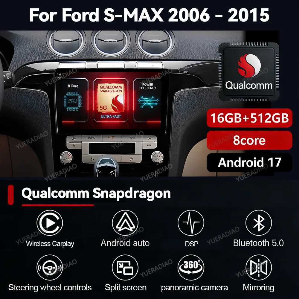 Android 17 Car Radio For Ford S-MAX S MAX 1 2006 - 2015 GPS NAVI Multimedia Stereo Video Player 4G WIFI 2DIN Head Unit QLED BT