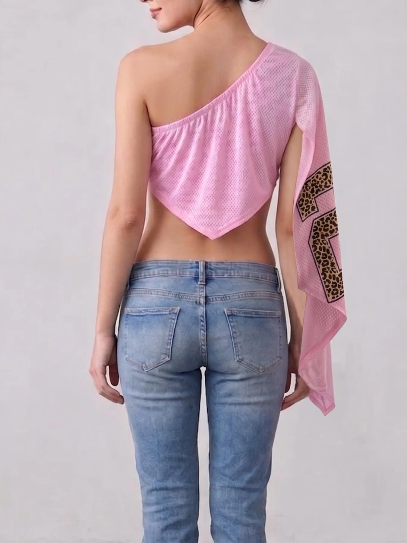 Hip Hop Varsity Leopard 23 Number One Shoulder Shirt Women Fashionable Single Long Sleeve Irregular Hem Pink Mesh Slim Crop Tees