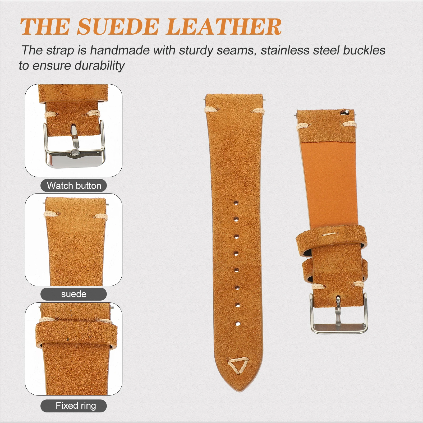 Suede Watch Straps 20mm Brown Adjustable Men Cowhide Classic Retro Style Safe Skin Friendly