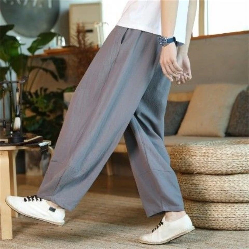 Männer Kleidung Sommer Baggy Hippie Baumwolle Leinen Harems hose y2k männliche Streetwear solide Hose mit weitem Bein Retro Kordel zug Pantalones