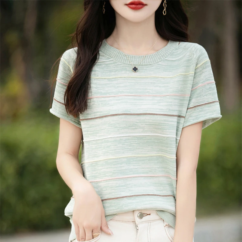 2024 New Spring and Autumn Short sleeved Knitted Sweater Short sleeved 100% Cotton T-shirt Women\'s Solid Color Simple Casual Top