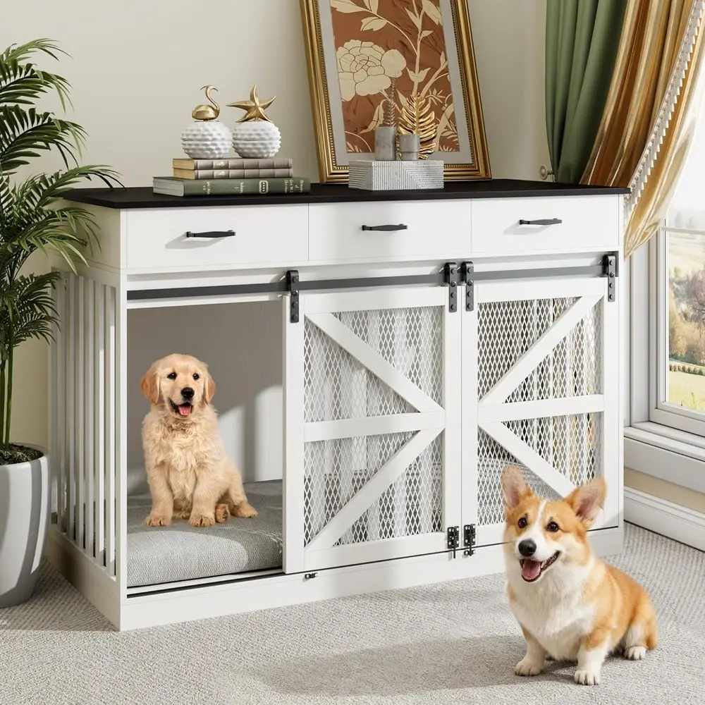 

Farmhouse Style Wooden Dog Crate with 3 Drawers, Removable Divider, and Sliding Barn Door in White