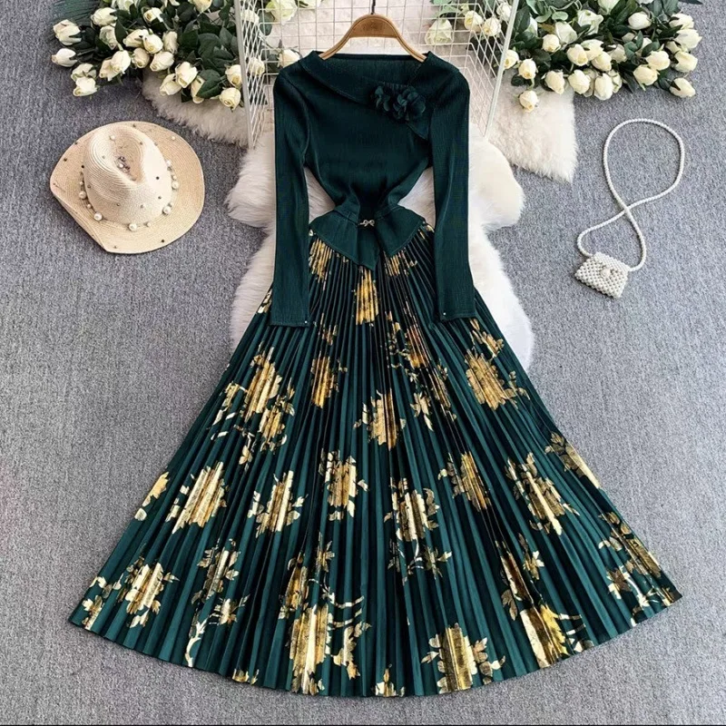 

Плиссированное женское платье Miyake 2026, новое плиссированное эластичное длинное платье с длинными рукавами и принтом, офисная одежда больших размеров